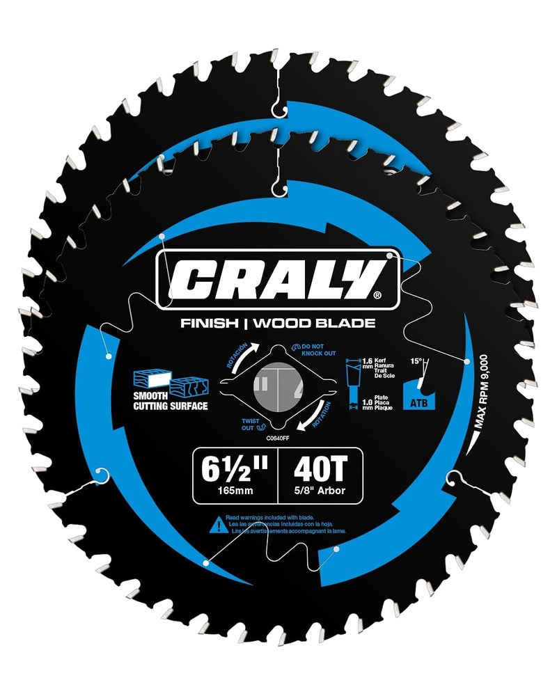 CRALY 6-1/2 Inch 40 Teeth Fine Finish Wood Cutting Circular Saw Blade, 5/8 Inch Arbor, Carbide Tipped, Thin Kerf, Black Ice™ Coating, for Plywood, MDF, OSB, Laminated, 2-Pack(C0640FF-2) - Image 1
